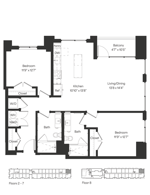 Floor plan for 2 beds, 2 baths, 1088 sqft